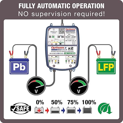 Miniatura 10 de Tecmate Optimate 2 Duo x 4 Bank, TM-575, serie bronce 5 pasos 4X 12V  12.8V 2A cargador de batería sellado y mantenedor, azul