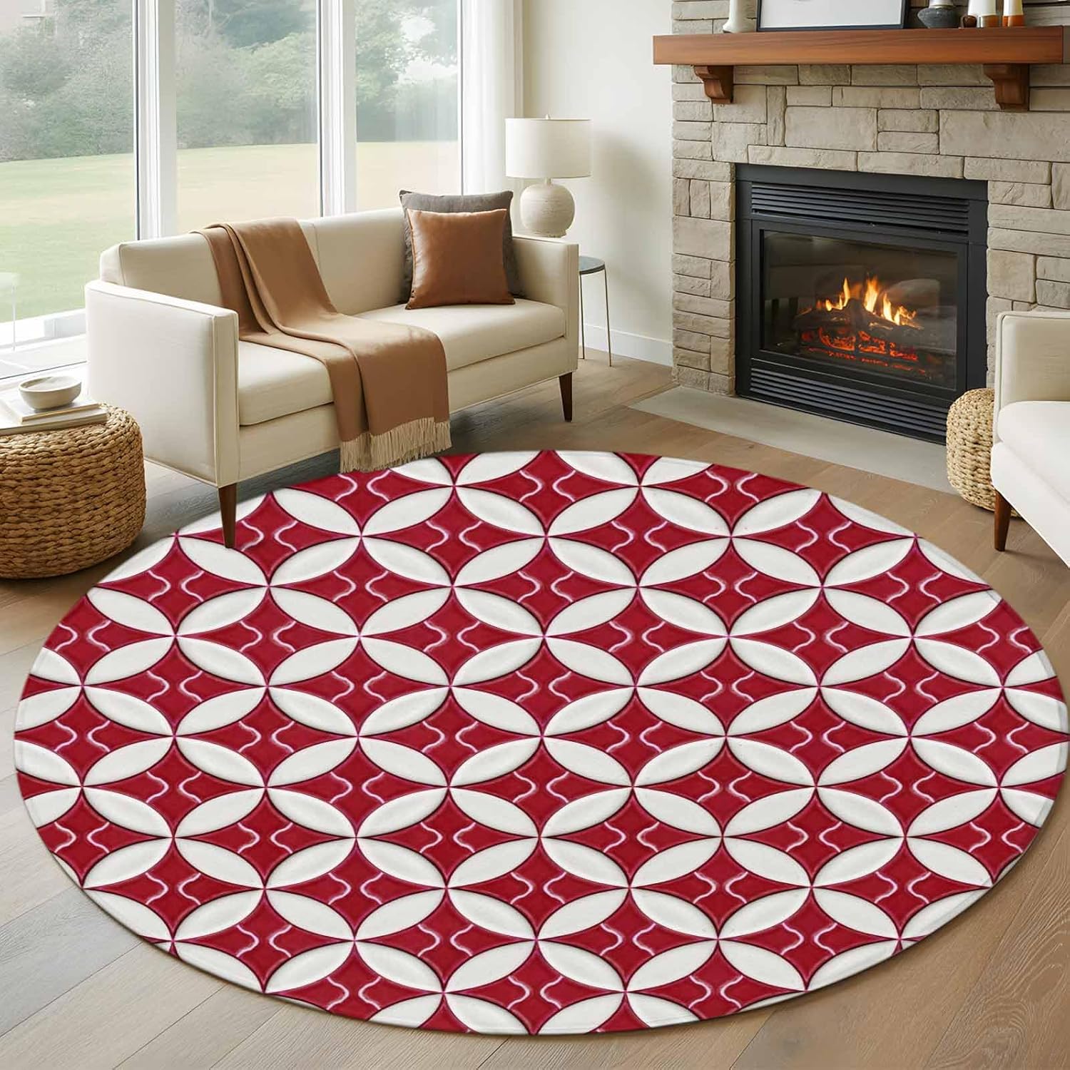 Teamery Round Area Rug 5ft, Vintage Red Geometric Medieval Non-Shedding Washable Area Rug, Traditional Ethnic Pattern Non Slip Low-Profile Circle Rugs for Living Room, Bedroom Dining Room