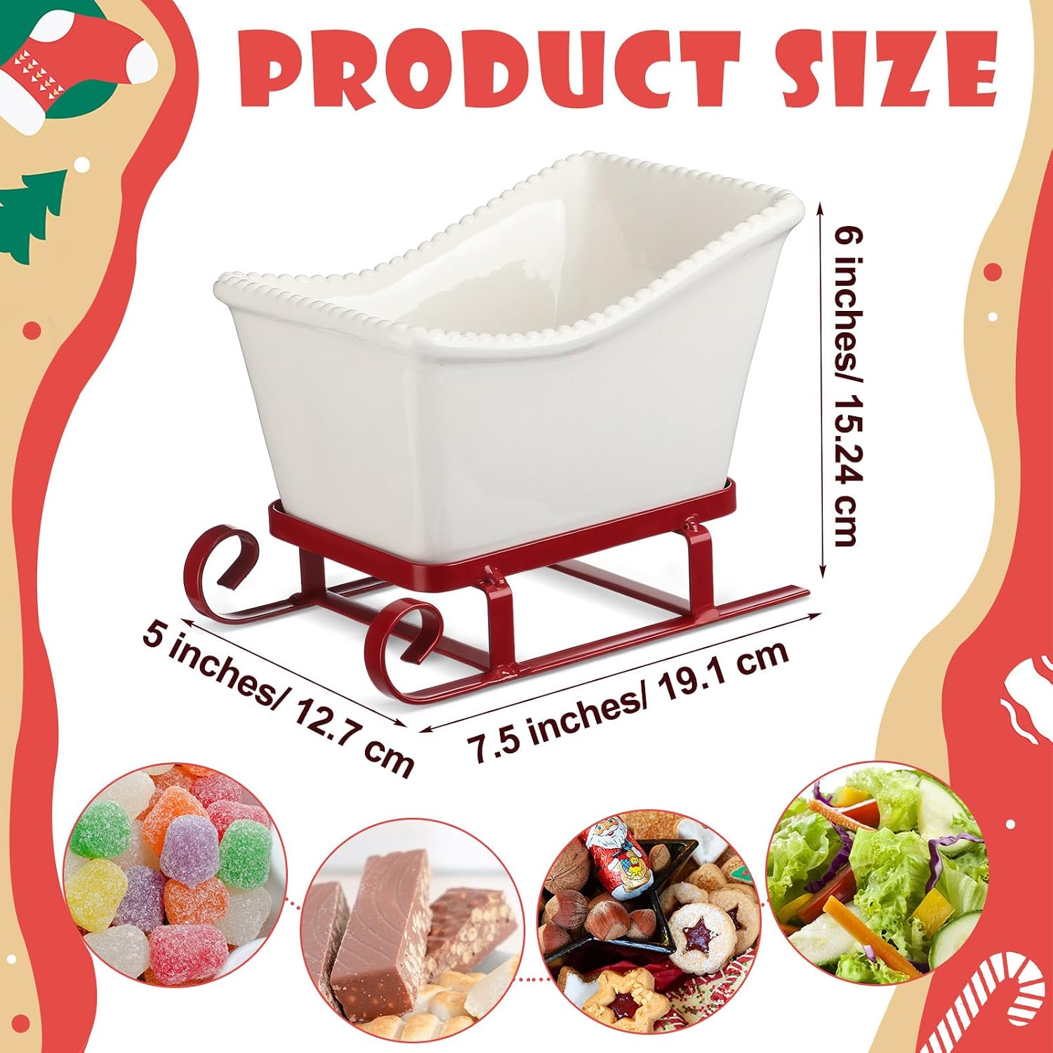 Mimorou Sleigh Candy Dish for Christmas Ceramics and Metals Salad Bowl 7.5 x 5 x 6 Inch Candy Storage Jar for Xmas Holiday Party Table Shelf Decor