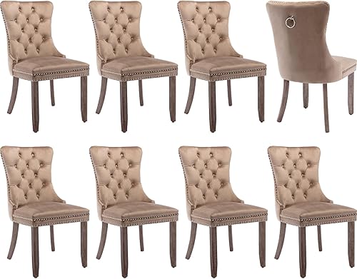 Miniatura 43 de Juego de 6 sillas de comedor modernas, sillas de comedor tapizadas con patas de madera maciza, silla decorativa de terciopelo camello, Sillas de 02-