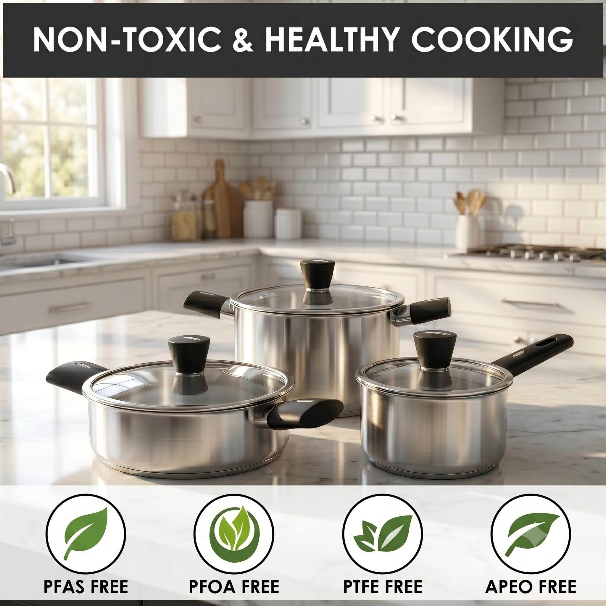Set di pentole e padelle in acciaio inox, 6 pezzi, atossici, con coperchi in vetro, casseruola, pentola e padella, compatibili con induzione, lavabili in lavastoviglie, anche per