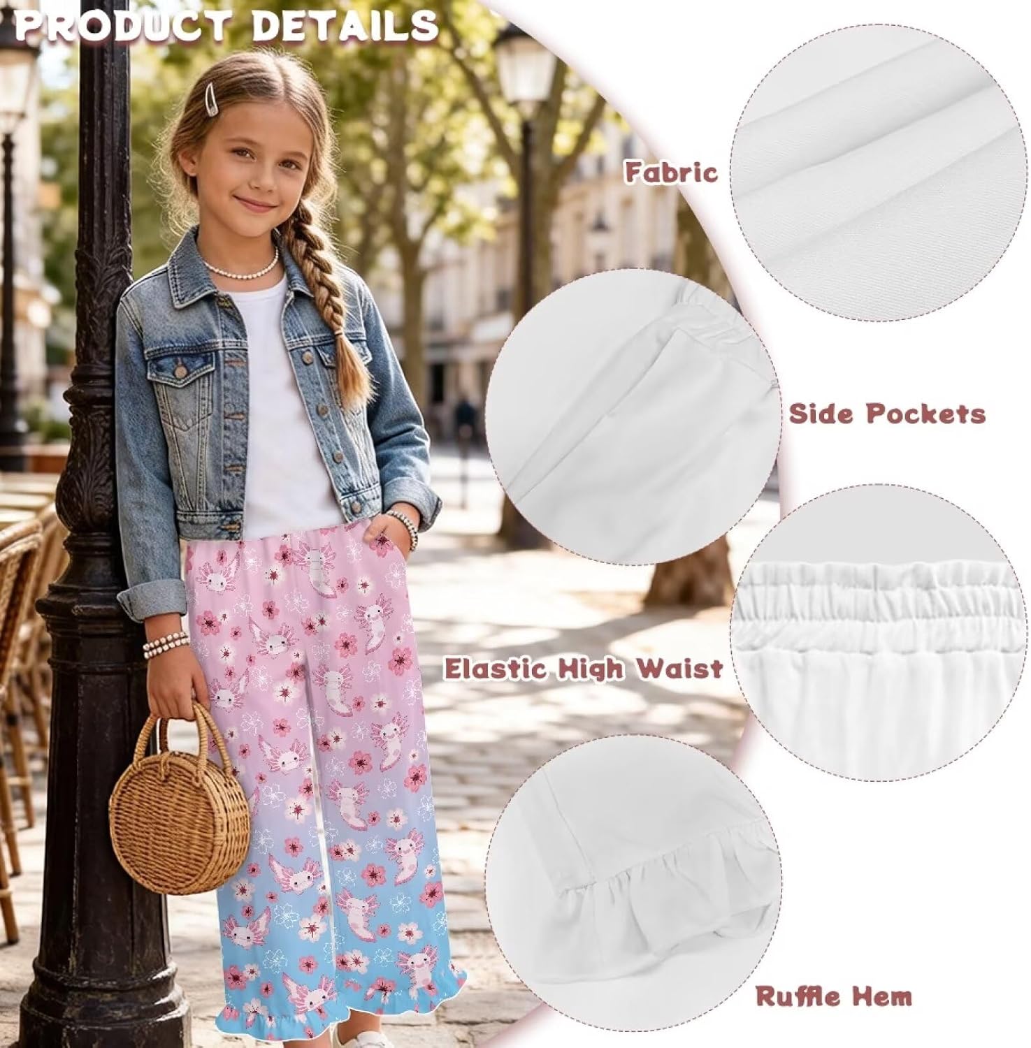 Girls' High Waisted Wide Leg Pants with Ruffles Loose & Flowy Trousers Paper Bag Pants Size 5-14