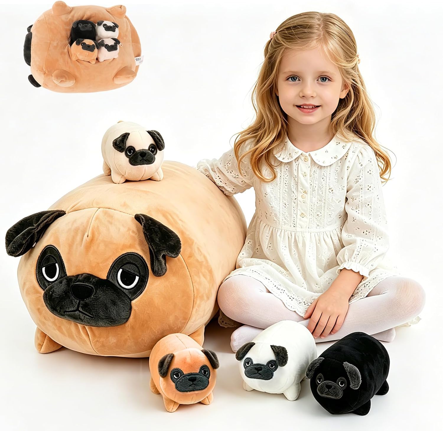 MMguai 16 Inch Large Pug Stuffed Animals with Babies, Mommy Pug Dog with Puppies Inside Belly,Soft French Bulldog Pillow Plush Toy Plushie Gift for Kids Boy Girl, Brithday Decor
