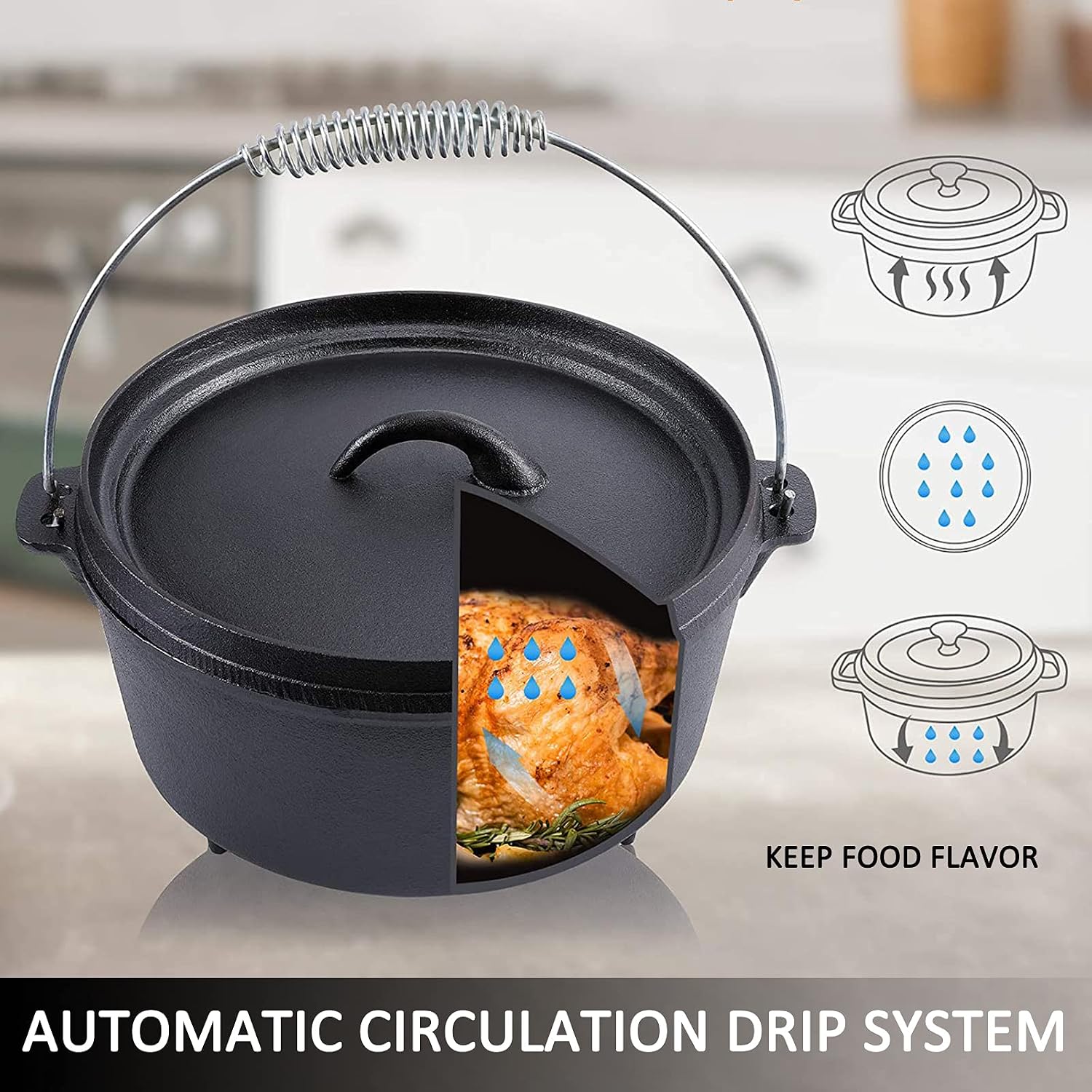 AIZYR Multi-Function Hanging Dutch Oven - Pre Seasoned Cast Iron Pot with Dual Function Lid Griddle and Lid Lifter Handle for Cooking Lovers Gift
