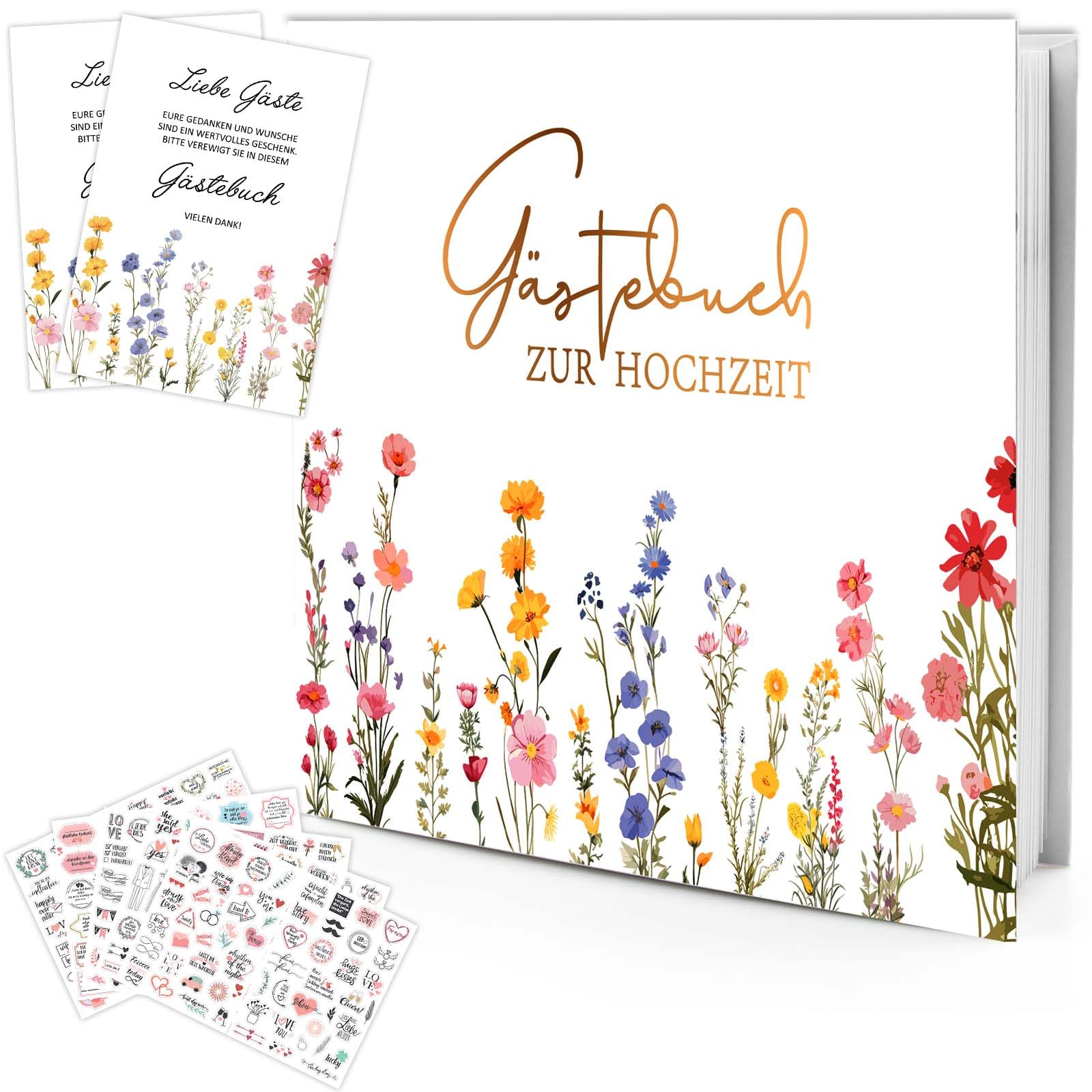 Libro degli ospiti di alta qualità, vintage, libro degli ospiti con adesivi (266 motivi), 72 pagine di carta di alta qualità, romantico e personale per il vostro matrimonio da sogno, libro degli