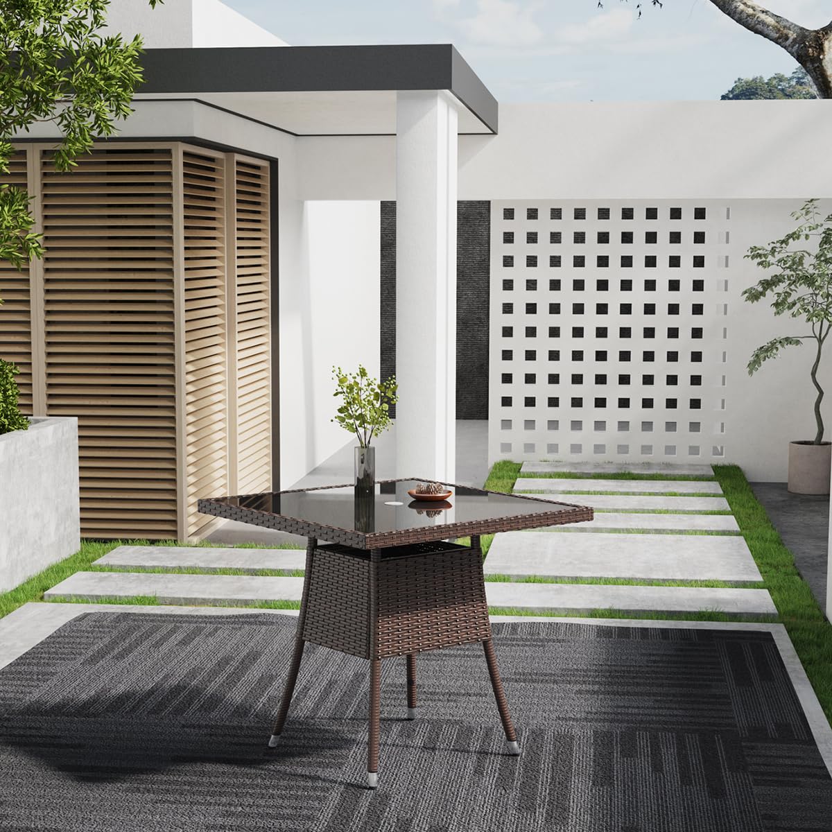Warmiehomy Garden Table 80cm Outdoor Coffee Table Rattan Bistro Patio Tables with Parasol Hole Tempered Glass Tabletop Square Outdoor Side Tables, Brown