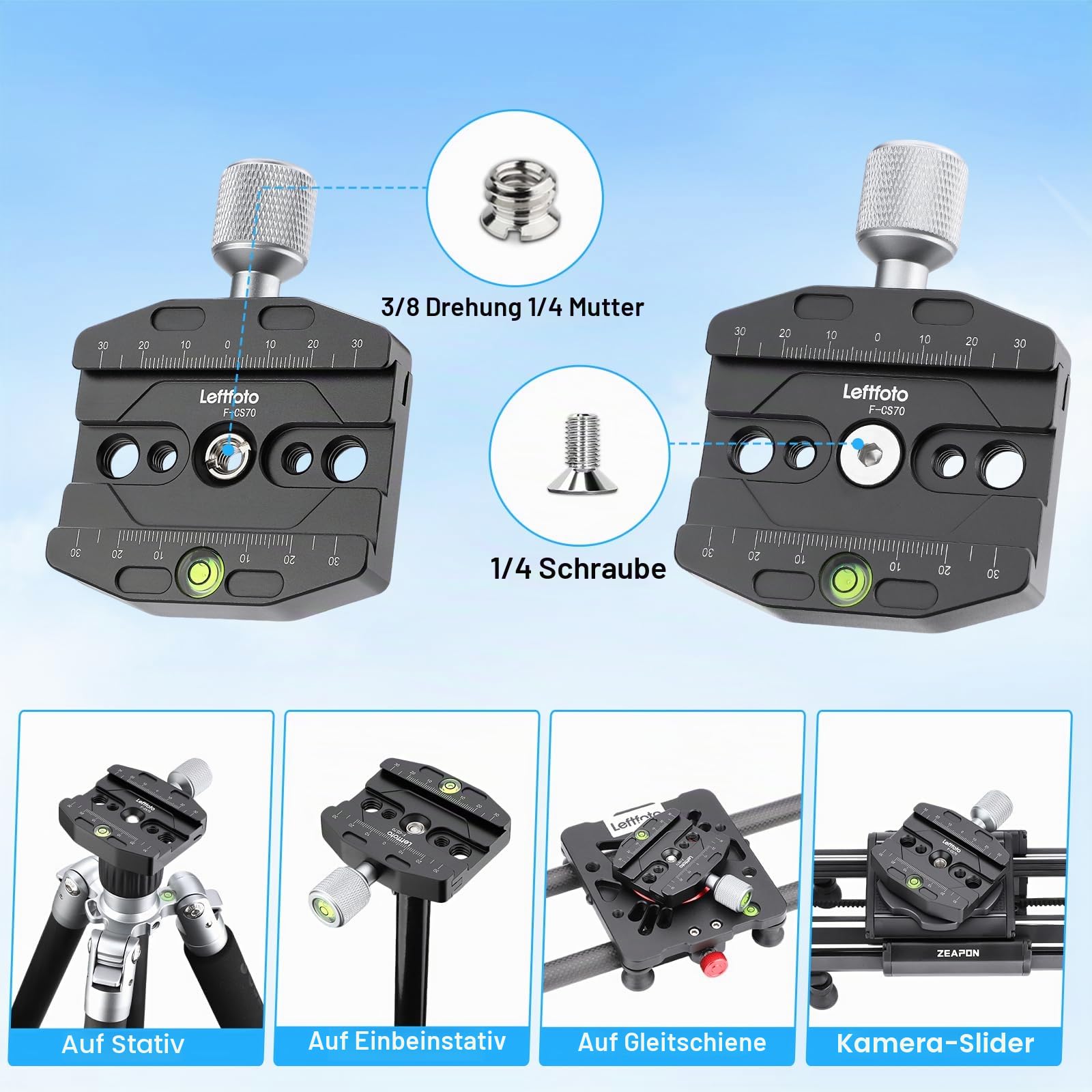 Ersatz-Adapter mit 70 mm Arca-Swiss-kompatibler Schnellspannklemme für Manfrotto RC2 Standard-Stativ-Kugelkopfklemme, Ersatzkonverter