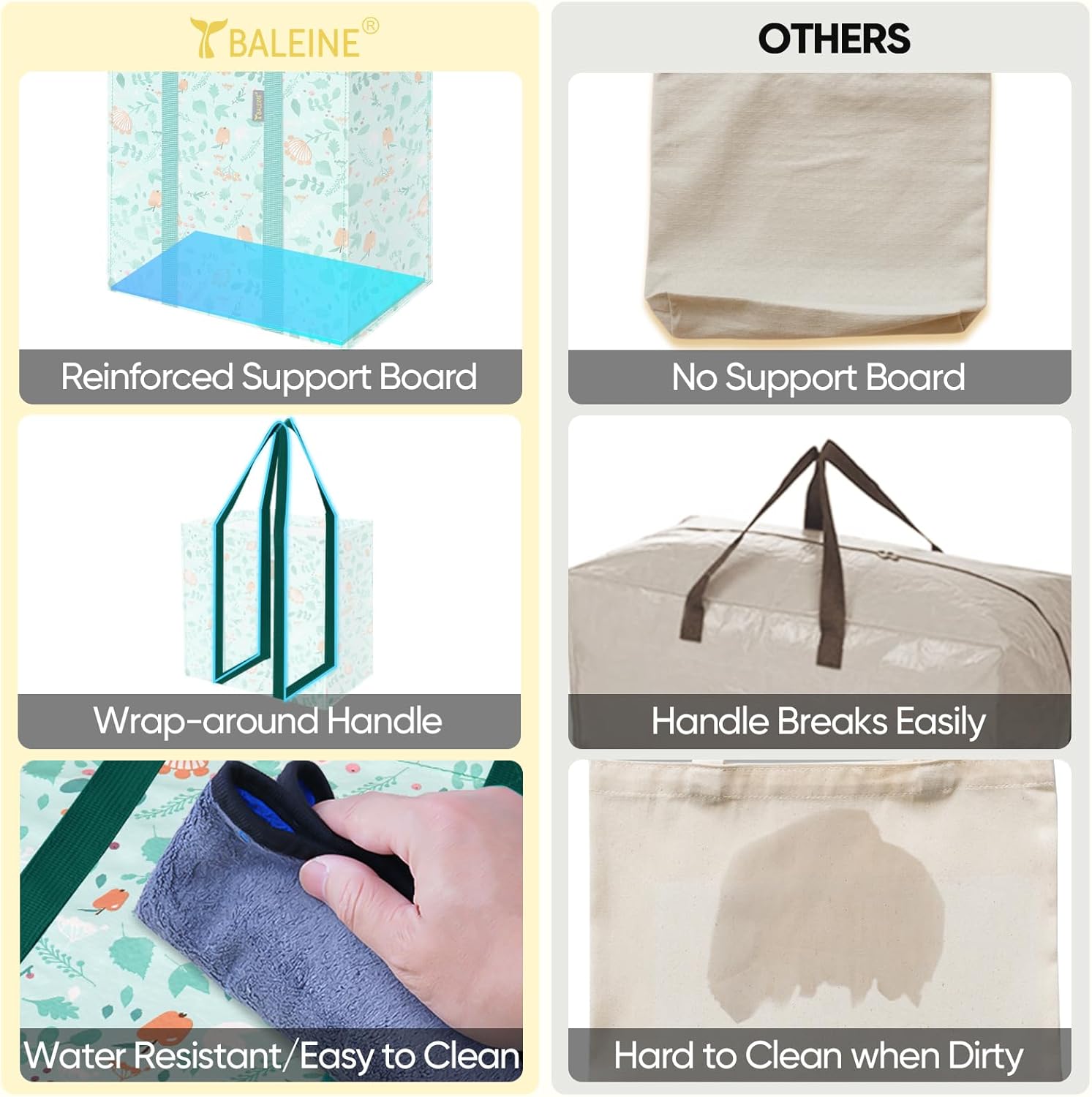 BALEINE 4 PK Grocery Bags Reusable Shopping Bags with Reinforced Bottom, Heavy Duty Foldable Tote Bags (Spring Stroll) - Image 5