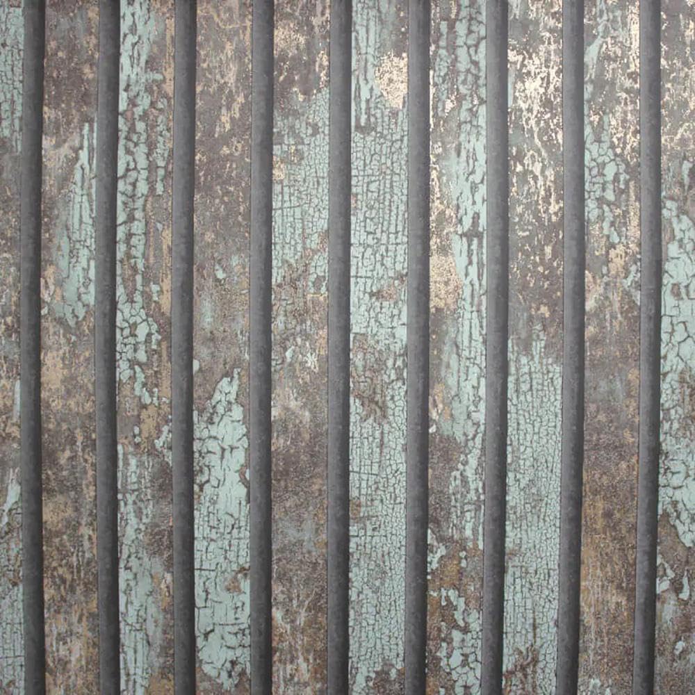 Yöl Teal Carbon Oxidize Wallpaper - Wood Panel Metallic Effect Rustic Worn Realistic - Textured Modern Feature Wall