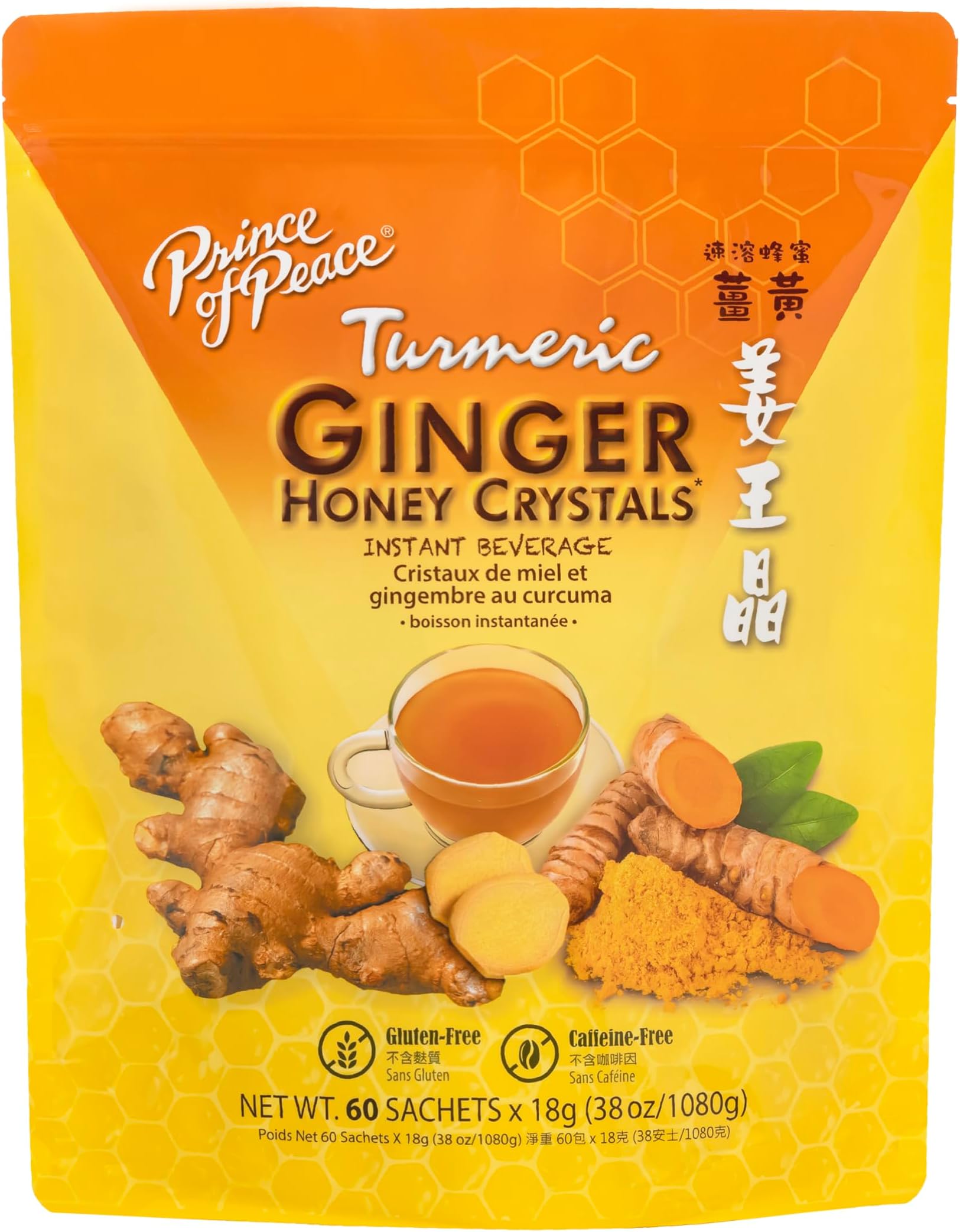 Instant Ginger Honey Crystals with Turmeric, Value Pack 60 Sachets – Instant Hot or Cold Beverage Easy to Brew – Drink Like a Tea – Caffeine and Gluten Free – Real Ginger 38oz (1080g)