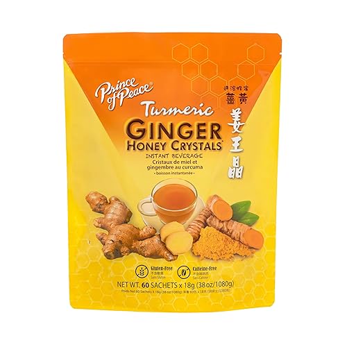Prince of Peace - Cristales instantáneos de miel de jengibre con cúrcuma, paquete de valor 60 bolsitas  Bebida instantánea fría o caliente fácil de