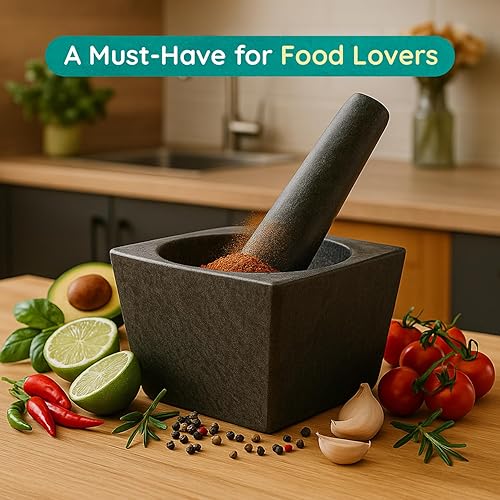 Miniatura 6 de Pepe Nero Juego de mortero y mortero de granito grande, cuenco de molinillo de piedra resistente, base antideslizante (negro, 5.5 pulgadas)
