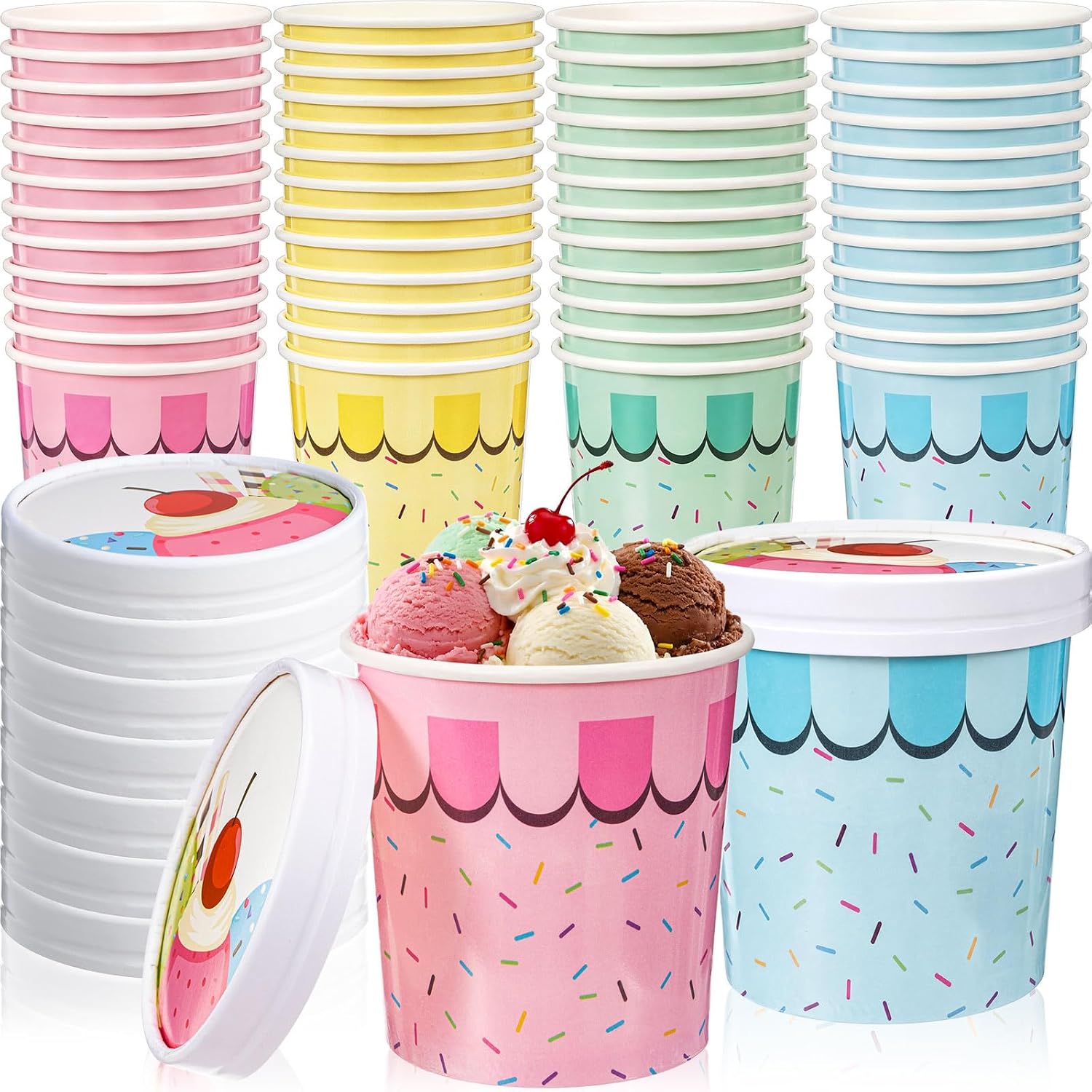 Jingmore 48 Pcs 16 oz Ice Cream Paper Bowls with Lids Bulk Sprinkles Disposable Ice Cream Cups 4 Color Sundae Bowls Dessert Cups for Hot and Cold Food Snack Frozen Yogurt Fruit Summer Party Supplies
