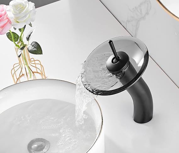 Waterfall Black Bathroom Vessel Faucet Glass Spout 360 Swivel Single Handle One Hole Solid Brass Bowl Faucet Bath Lavatory Vessel Sink Vanity Tall Body for Above Counter Sink