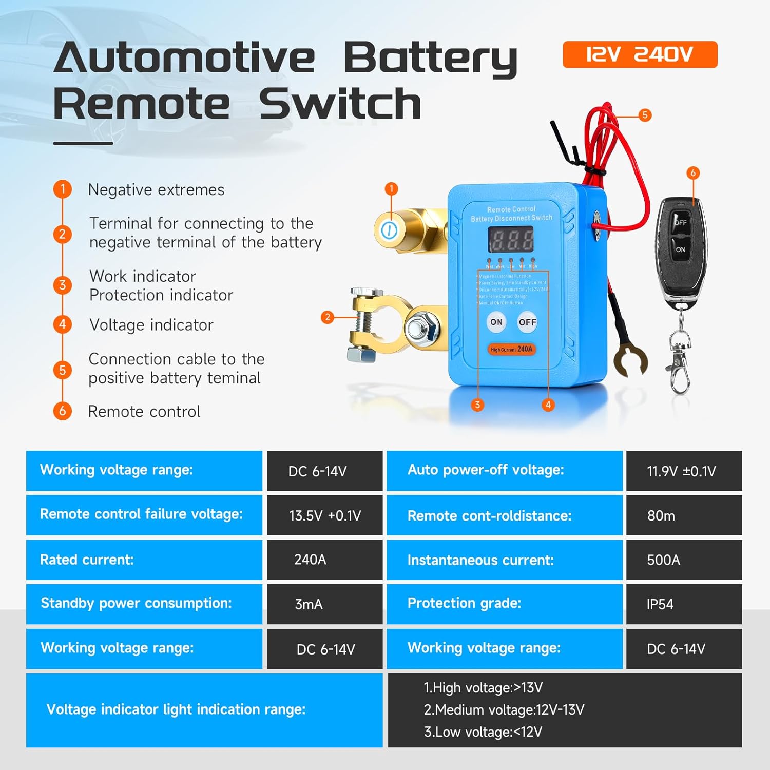 12V 240A Remote Battery Disconnect Switch, Kill Switch for Car,Upgraded Smart Remote Car Battery Switches Anti Theft,for Auto, RV, ATV, Boat(Led Voltage Display)