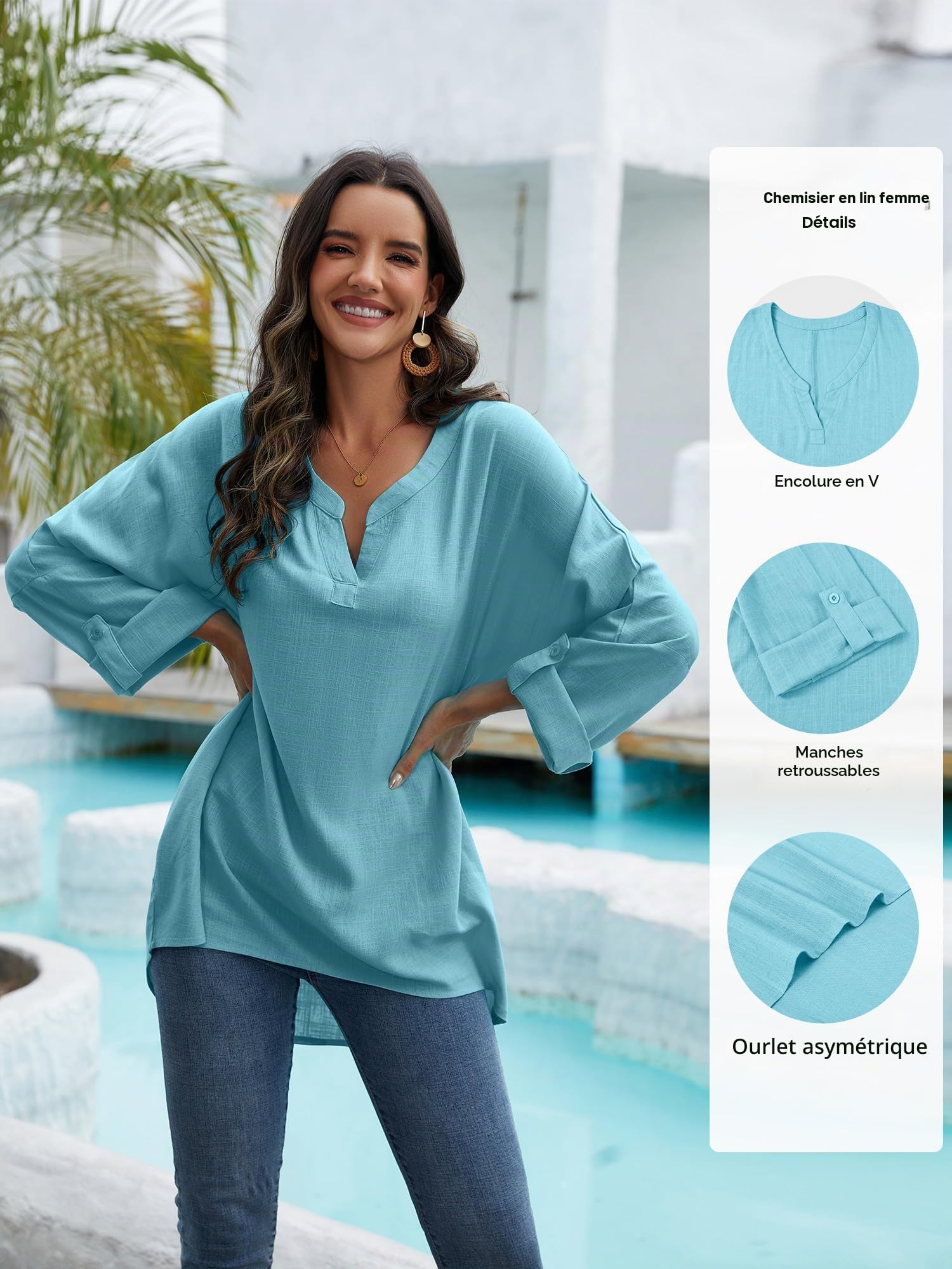 Chemisier Femme Tunique Femme Chic d'été Top en Lin pour Haut Col en V Grande élégant Chemise à Manches Longues en Lin et Coton Chemise imprimée