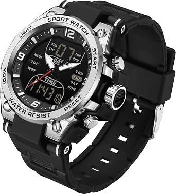 Men's Watch Sport Waterproof Military Watches Outdoor Tactical Digital Analogue Watch Electronic Wrist Watches with LED Stopwatch Countdown Alarm Dual Time Big Face