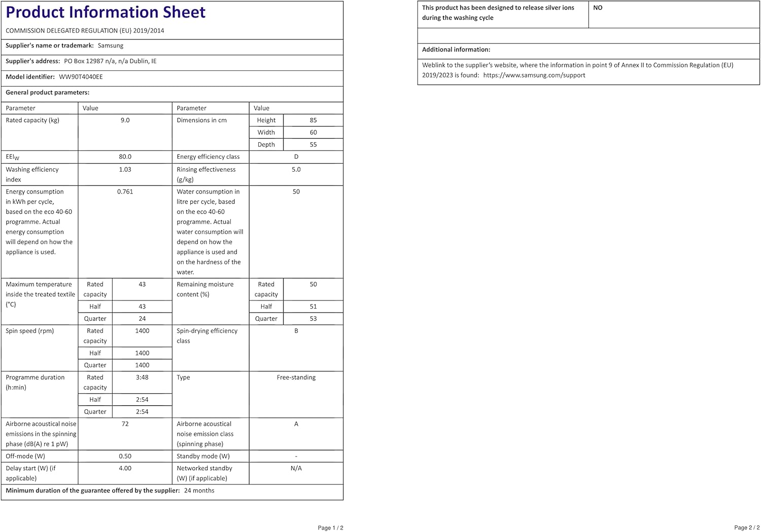 Samsung Lavatrice Serie 4000T WW90T4040EE/ET, Libera Installazione, 9 kg, 1400 RPM, Classe D, Vapore, Carica Frontale, 60l x 85h x 55p cm
