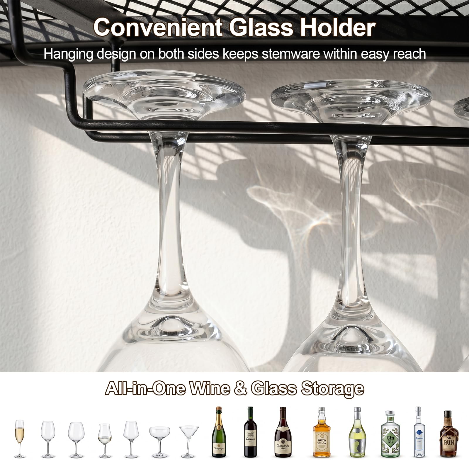 Étagère murale à vin avec support en verre à 3 étages - En métal - Support d'affichage mural pour bouteille de vin - Étagère en verre - Étagère à bouteilles suspendue pour cuisine, salle à
