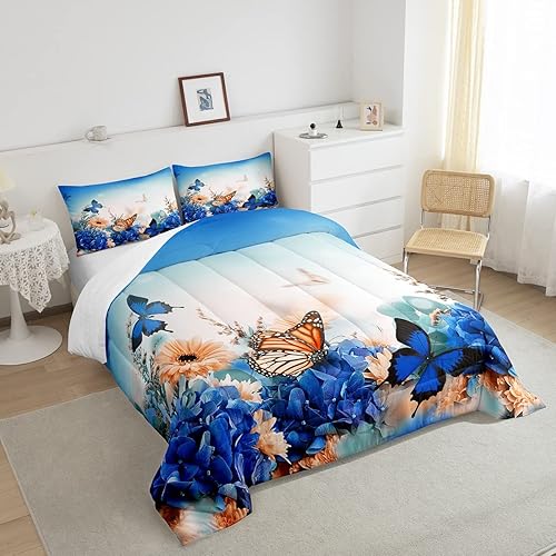 Miniatura 4 de Erosebridal Juego de edredón de mariposa para niñas, juego de ropa de cama con estampado de flores azules, juego de ropa de cama para adolescentes y
