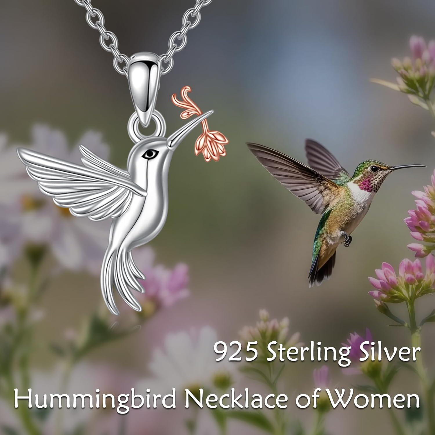 Hummingbird Necklaces for Women 925 Sterling Silver Rose Gold Flower Hummingbirds Pendant Jewelry Memorial Mothers Day Christmas Gifts for Family Friends - Image 6
