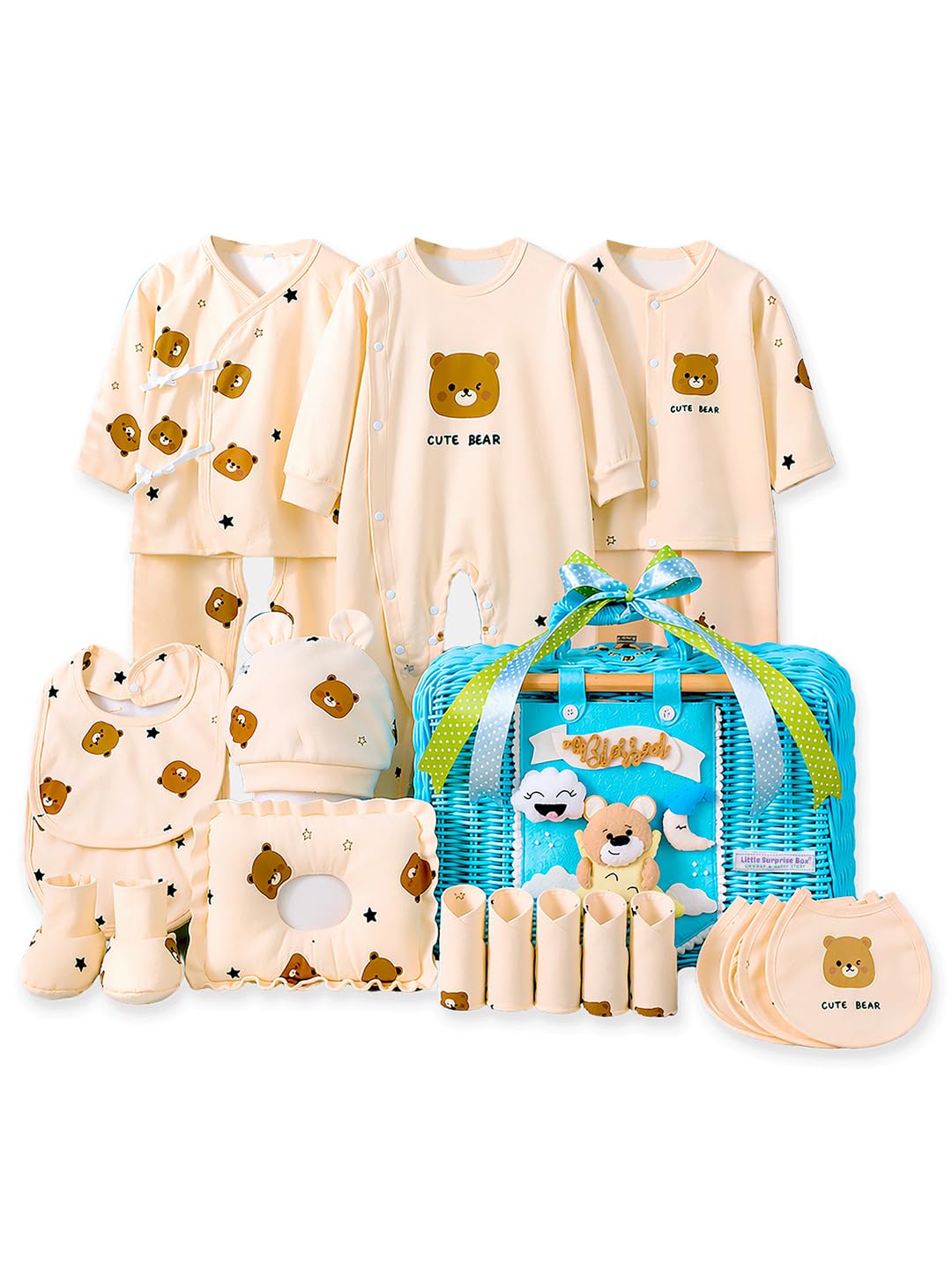 Little Surprise Box, 25 pcs Beige Bear Hamper for Newborn Boy/Girl, All Season wear hamper with luxury designed blue storage cane basket 0-12 months-image-41