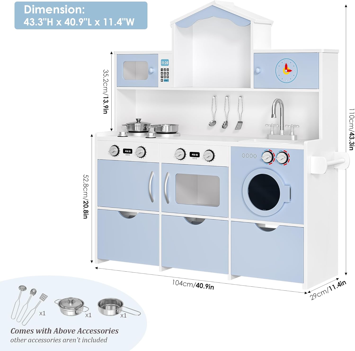Keyluv Wooden Play Kitchen for Kids and Toddler, Montessori Toy Kitchen Playset with Plenty of Pretend Play Features and Storage Drawers, Gift for Boys and Girls, Blue