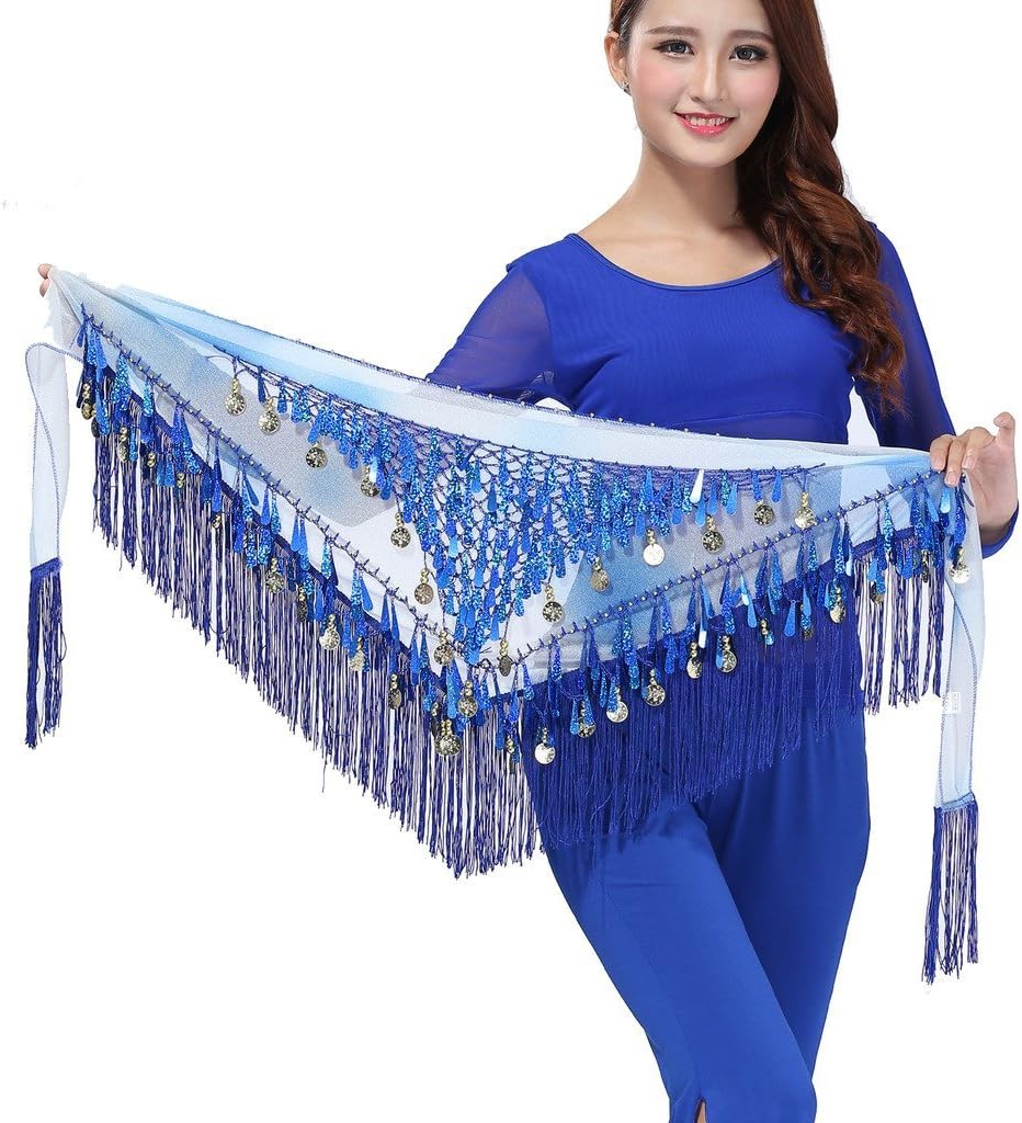 Women's Belly Dance Tassels Triangle Hip Scarf With Coins Sequins