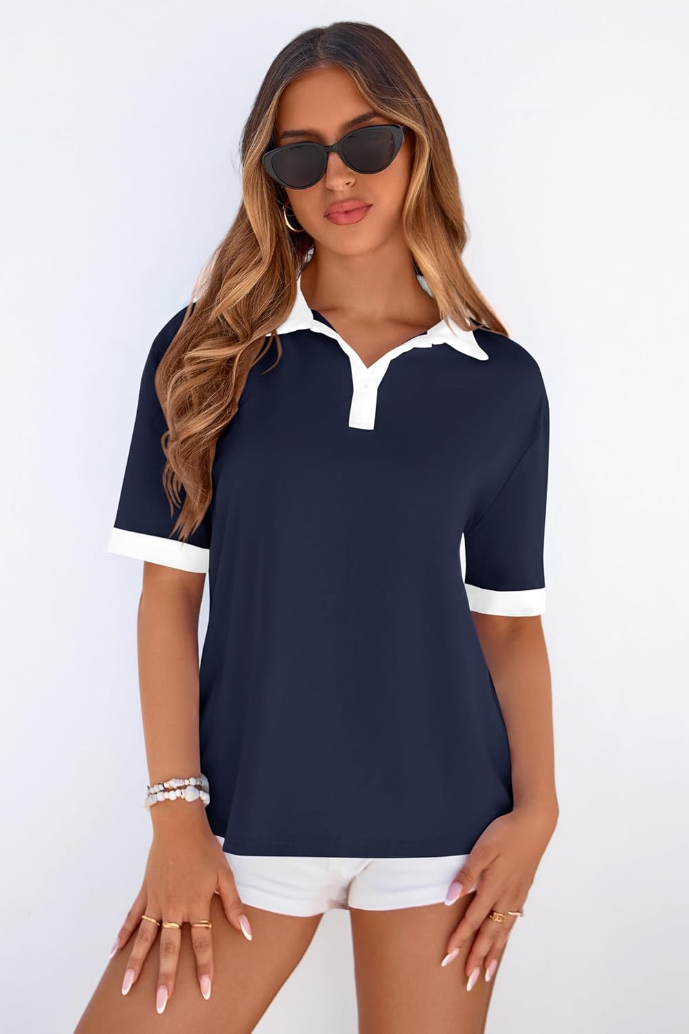 PRETTYGARDEN Summer Short Sleeve Polo Shirts for Women Collared V Neck Work Dressy Tops Knit Loose Business Casual Outfits - Image 3