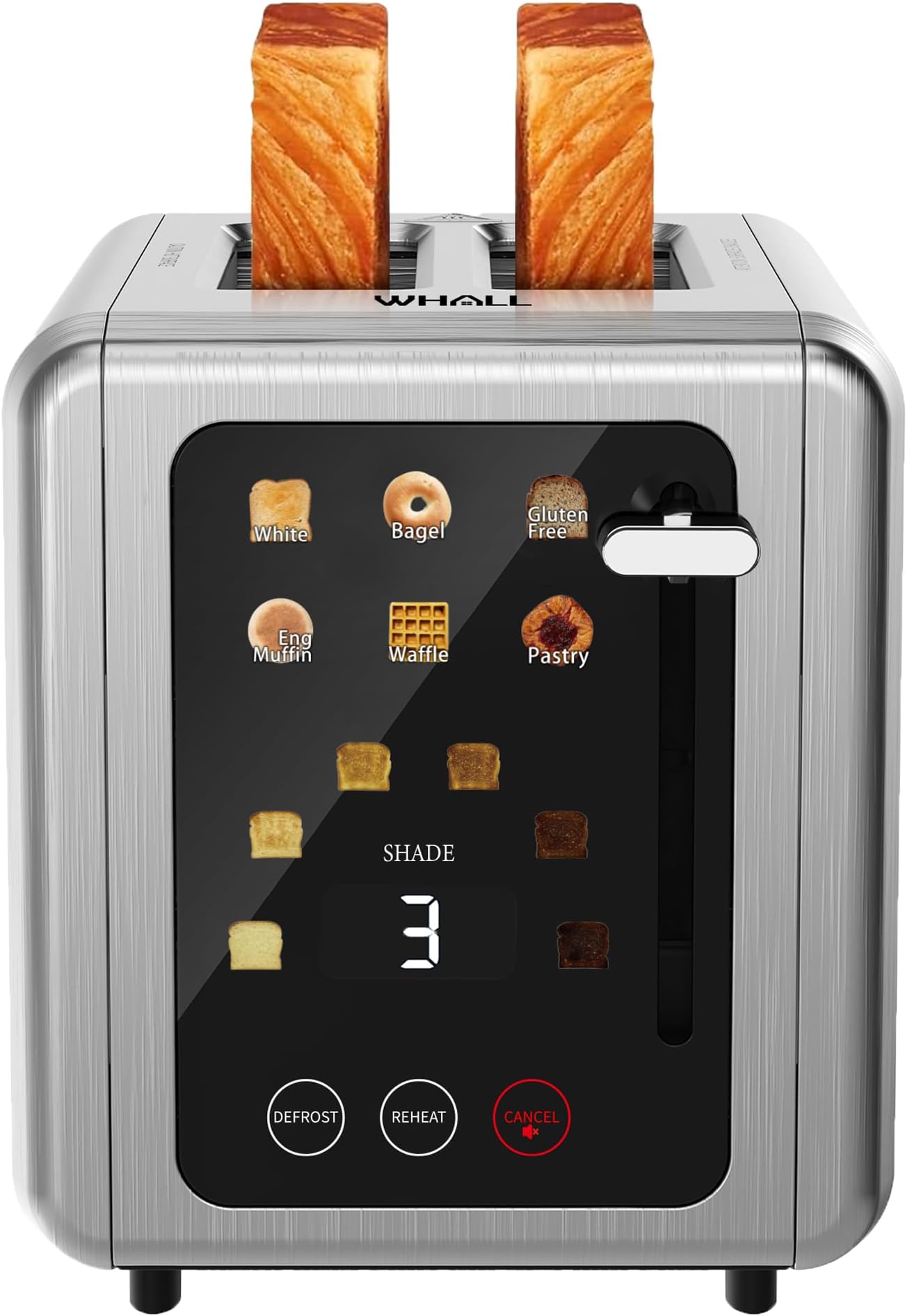 WHALL Touch Screen Toaster 2 Slice, Stainless Steel Digital Timer Toasters with Sound Function, Smart Extra Wide Slots Toaster with Bagel, Cancel, Defrost (silver)