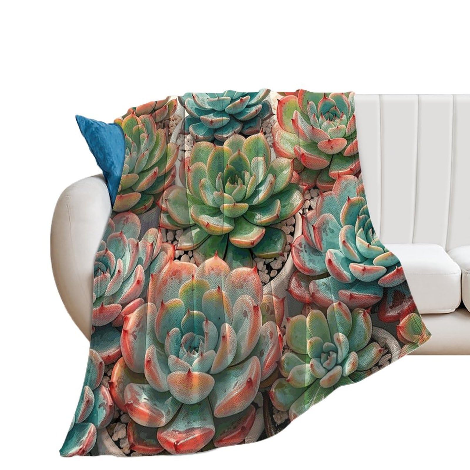 Couverture flanelle imprimé fleurs succulentes plaid léger toutes saisons pour lit