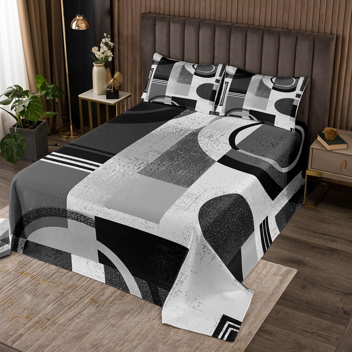 Manfei Geometric Striped Circle Kids Bedspread King Size,Abstract Aesthetic Simple Art Coverlet Set,Boys Girls Room Decor,Graffiti Retro Squares Quilted Coverlet,Grey Bedding Quilt,2 Pillowcases