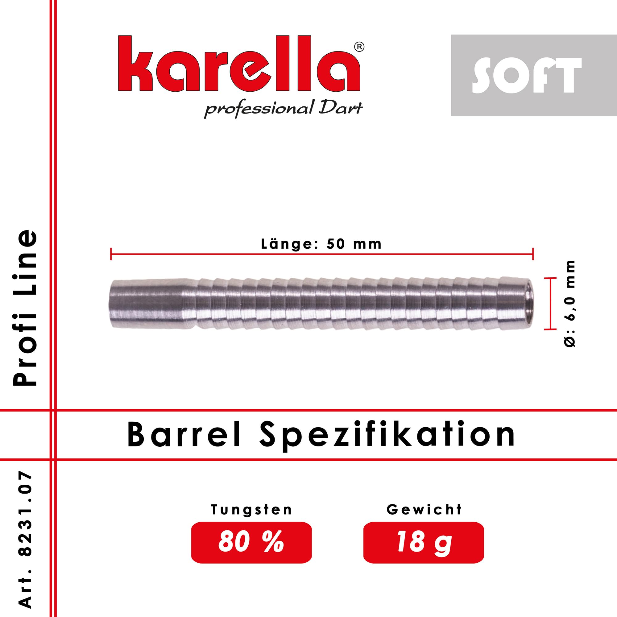 Karella Barres souples Profi Line - 80 %, 85 %, 90 % tungstène - Différents poids : 14 g, 16 g, 17 g, 18 g, 20 g - Différentes longueurs : 32 à 54 mm - Peut également être combiné avec des embouts en
