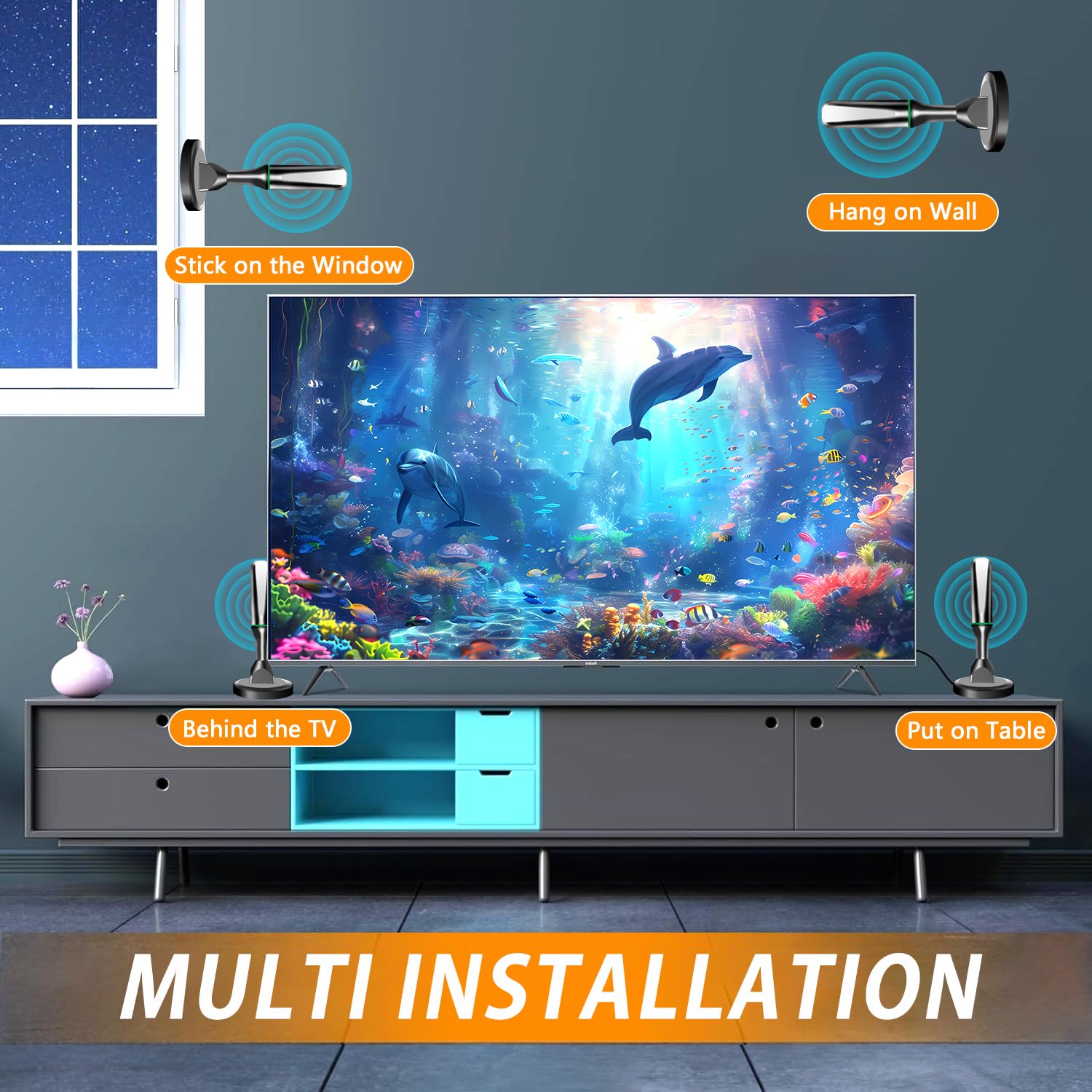 TV Antenna Indoor, Antenna for TV Without Cable for Long Range Reception and All Smart/Old TVs, Digital Antenna with Strong Magnetic Base & Metal Plate for Local Channels, Supports 4K 1080p(V019-V)