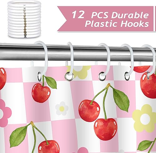 Miniatura 6 de Cortina de ducha de cereza rosa con diseño floral de cerezo para decoración de baño, 72 x 72 pulgadas, lavable de poliéster preppy Funky Groovy