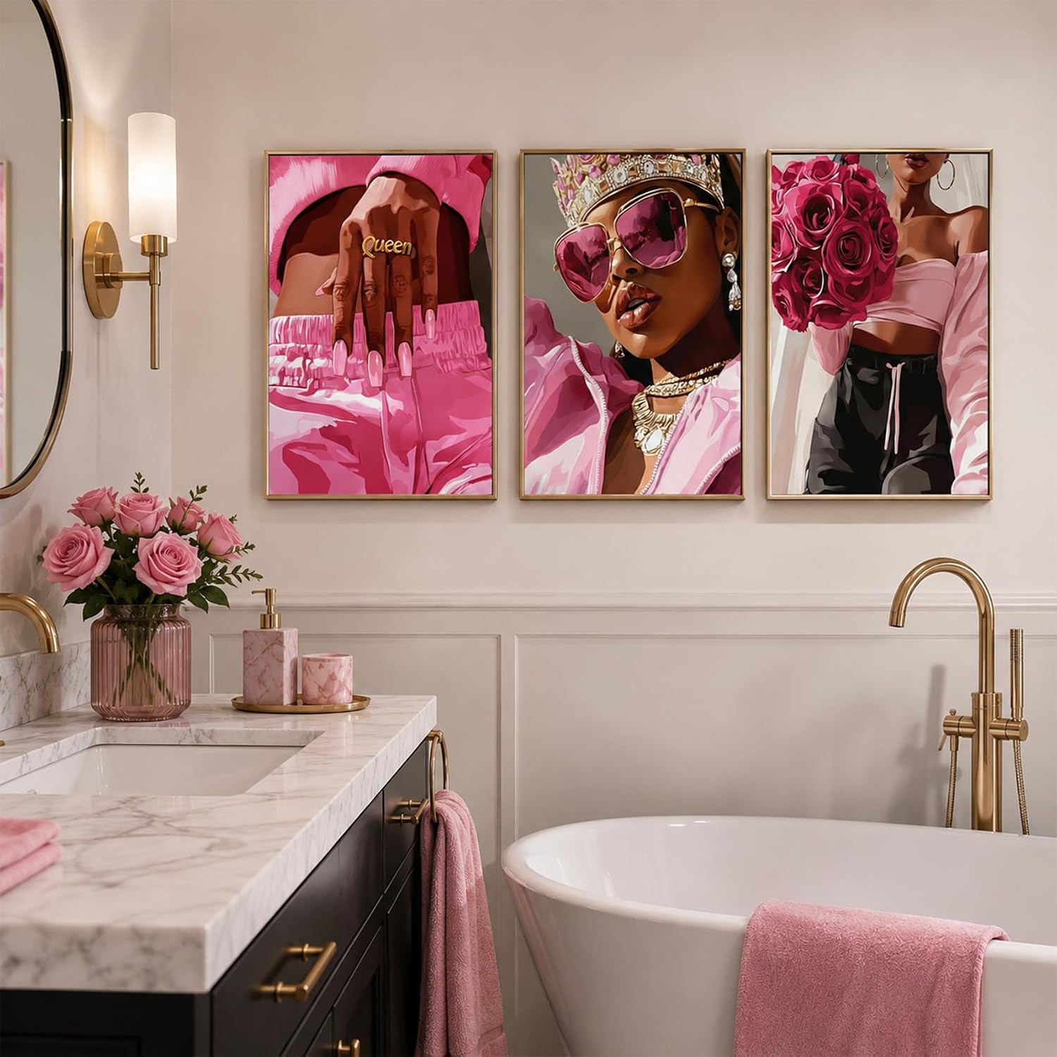 AUFDASORT Black Queen Pink Wall Art, 3 Piece Unframed Fashion Prints, 12x16 image 5