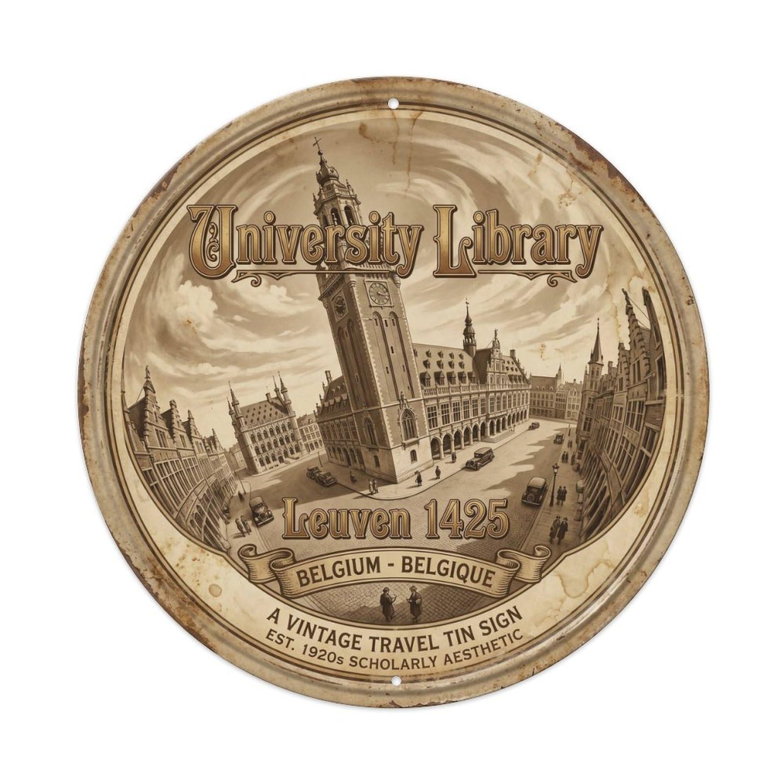 Cmhok Vintage Style-28 Vintage Travel Library Belgium Artwork Metal Tin Sign Plaque Wall Decor For Cafe, Club, Garden Round Metal Poster 8X8inch