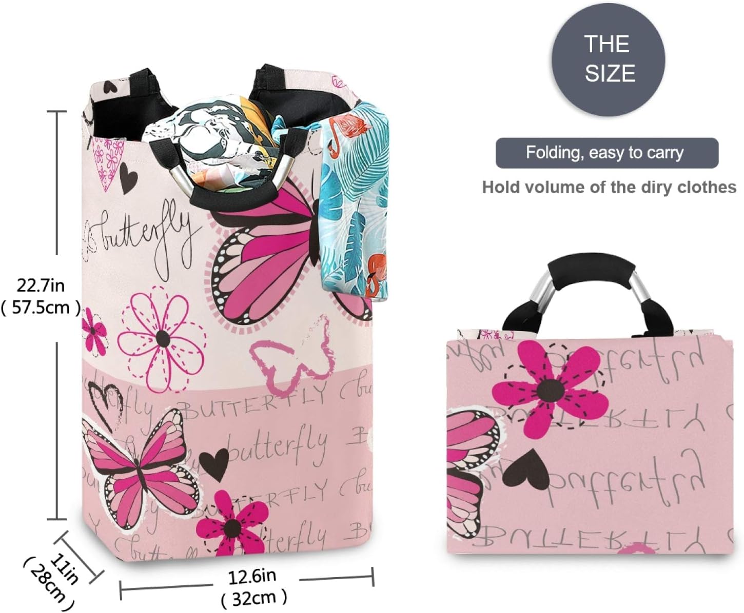 ALAZA Large Laundry Basket Pink Butterfly Laundry Bag Hamper Collapsible Oxford Cloth Stylish Home Storage Bin with Handles, 22.7 Inch