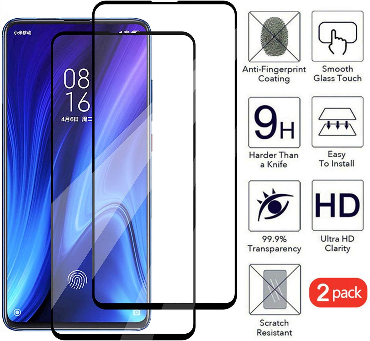 Domxteck [2 Pack Full Coverage HD Clear Tempered Glass Compatible with Xiaomi Redmi K20 Pro/Redmi K20,Black