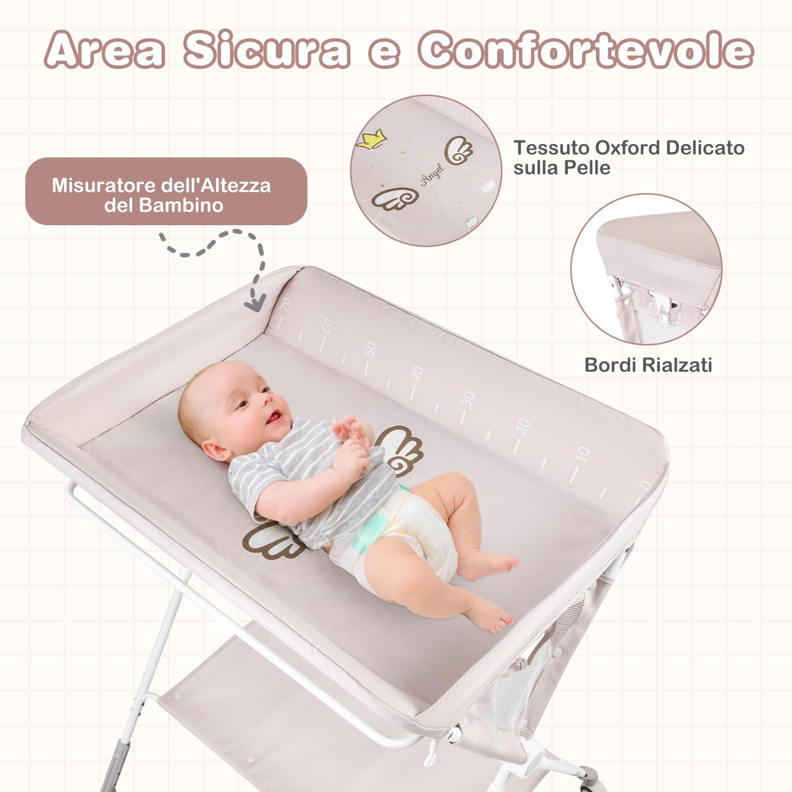 COSTWAY Fasciatoio Pieghevole per Bambini, Altezza Regolabile 3 Livelli, Ruote Bloccabili, Beige