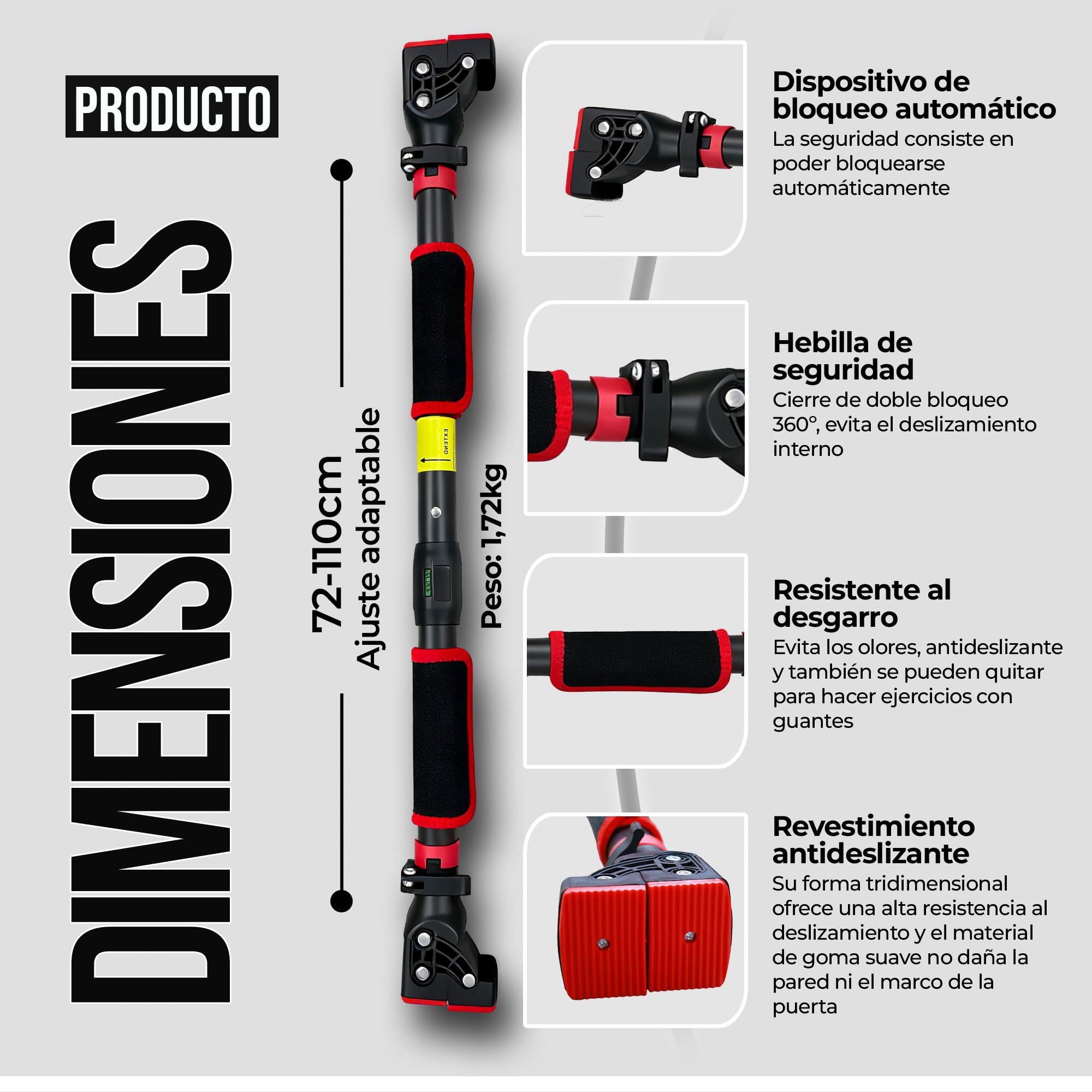 Kit Gimnasio: Barra Dominadas para Puerta y Pared (72-110cm) - Instalación Sin Tornillos con Nivelador + 5 Bandas Musculación con agarres, Bandas Elásticas y Bolsa - Carga 200kg