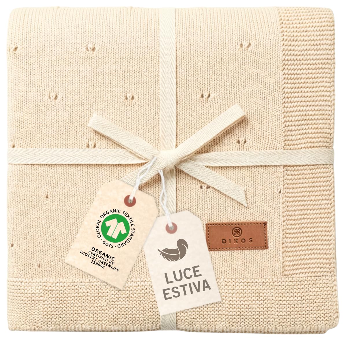 DIKOS Coperta per neonati GOTS in cotone biologico Ajour lavorata a maglia Coperta per neonati per neonato Ragazza Ragazzo Coperta in maglia in maglia Coperta per Battesimo