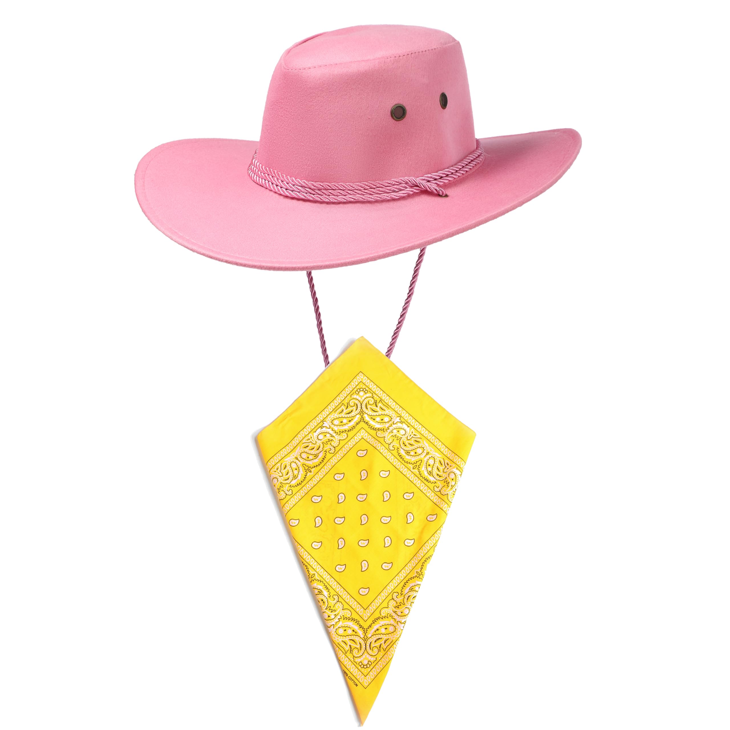 Komonee Pink Cowboy Hat and Yellow Bandana Western Sun Cap Faux Felt Leather Suede Fancy Dress Party Costume Outfit Neckscarf Sun Protection Mens Womens โ image 1