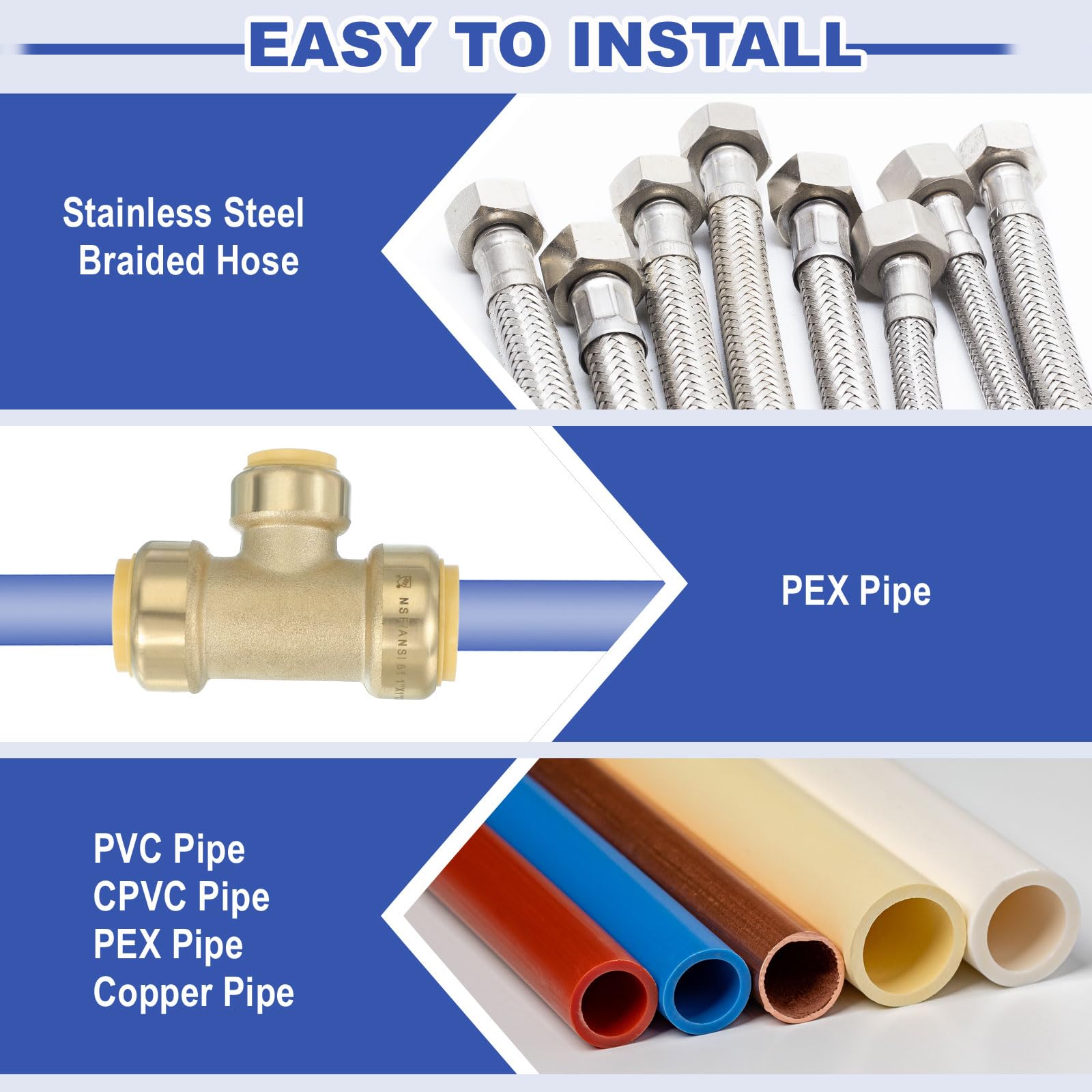 PATIKIL 2 Pcs Tee Stop Valve 3/4" x 3/4" x 1/2" Compression Water Shut Off Valve 1/4 Turn Operation with 3/4" Disconnect Clip for Faucet Toilet Pex Copper Cpvc Pipe Brass Gold - Image 4