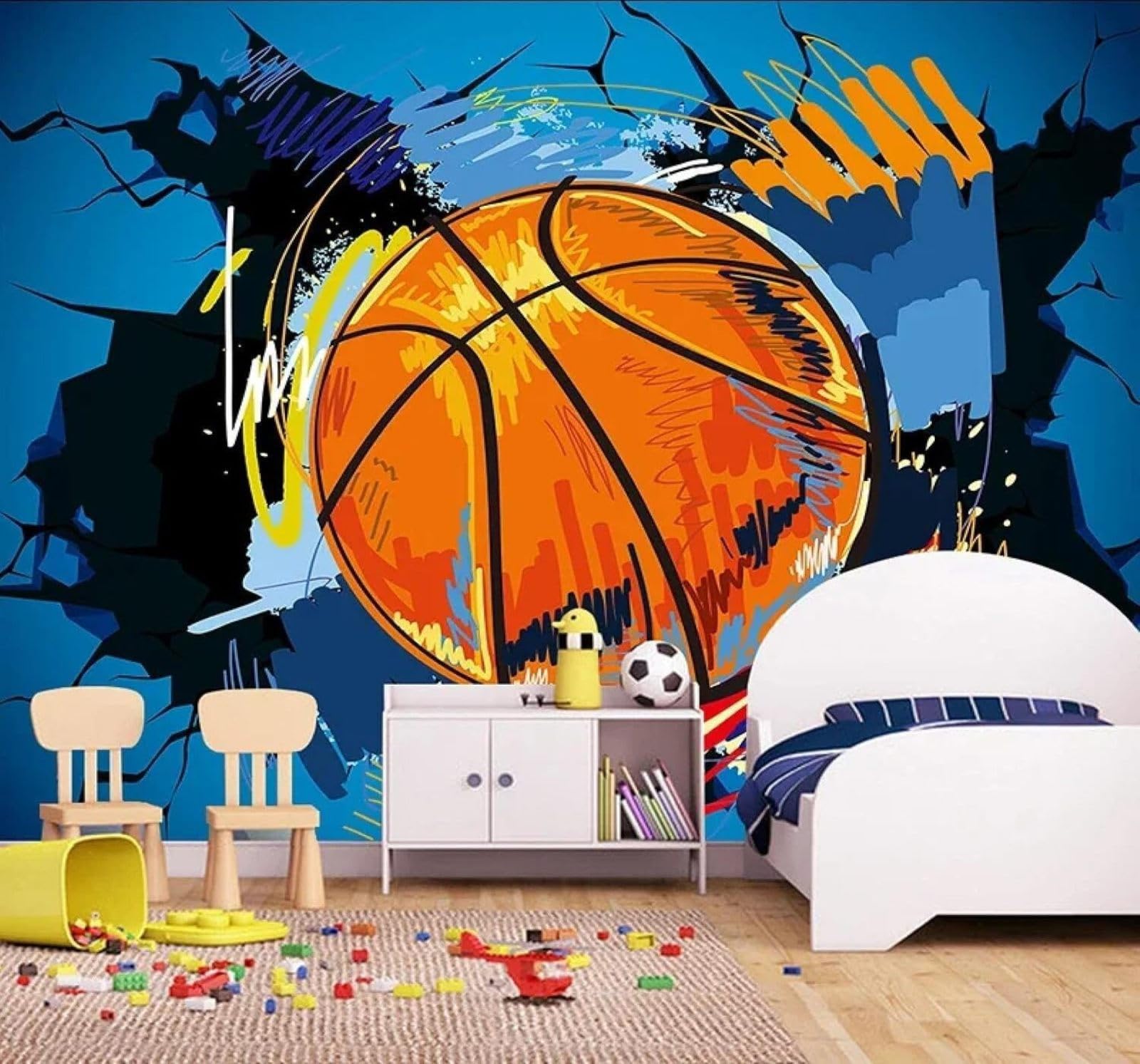 Xlming 300Cm×210Cm(B×H) Basketball Breaking Through A Wall Poster Graffiti Art 3D Wallpaper Luxury Home Dining Decor Paste Sofa Living Room The Wall For Bedroom Mural-300Cm×210Cm