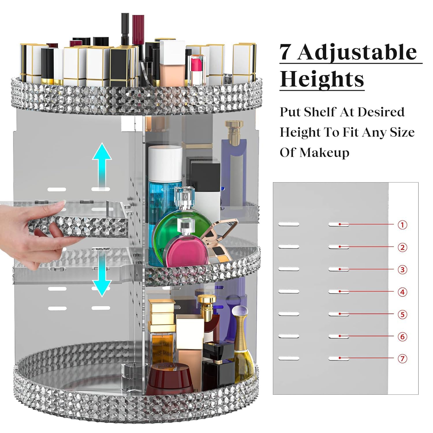 Organiseur de maquillage rotatif en acrylique, rond, 7 couches, grande capacité, convient aux pinceaux de maquillage, rouges à lèvres, salle de bain, coiffeuse, gris