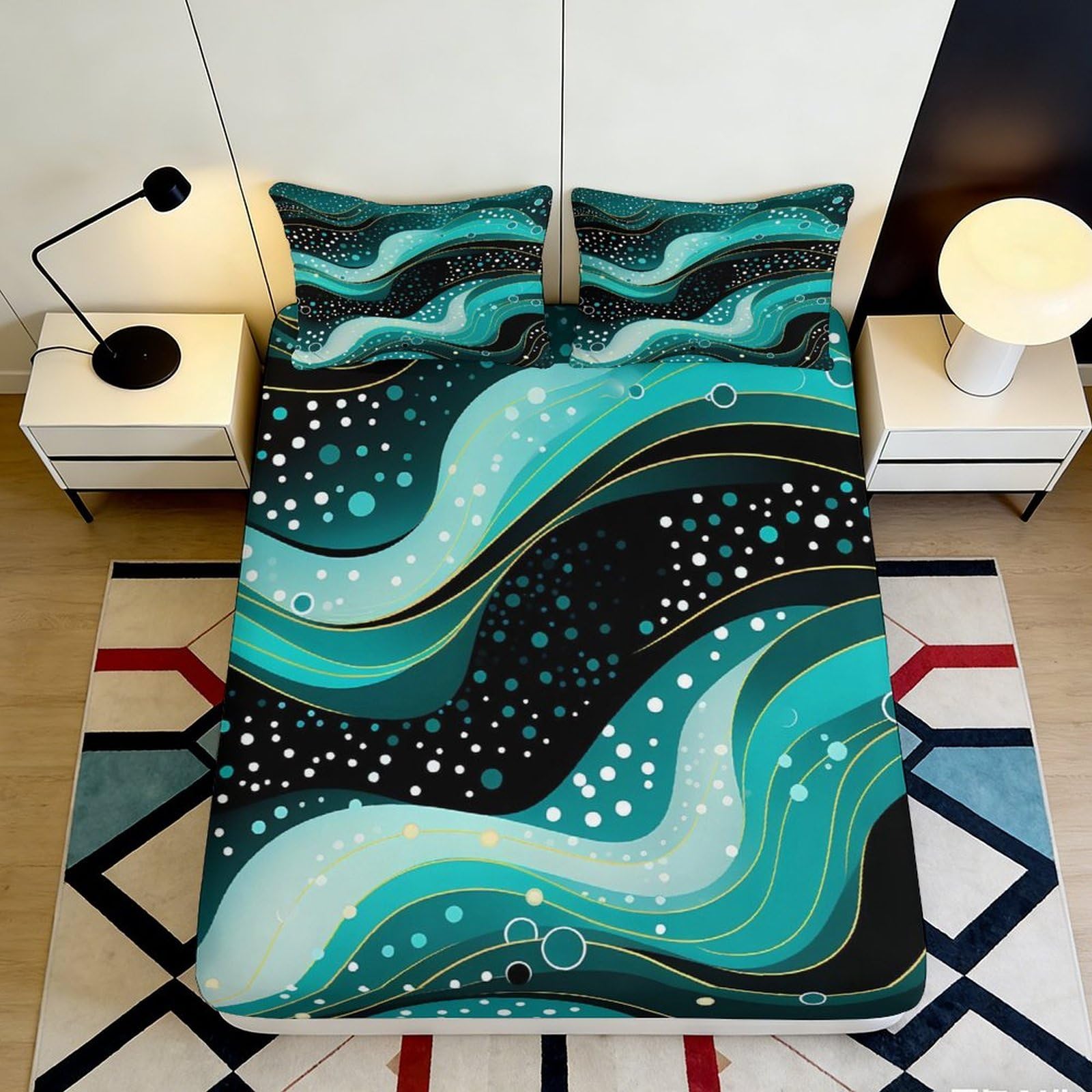 3D Printed Abstract Wave Fitted Sheet Microfiber Turquoise Swirl Mattress Cover for Bedroom Dorm Easy Care Decor 90x200x25cm