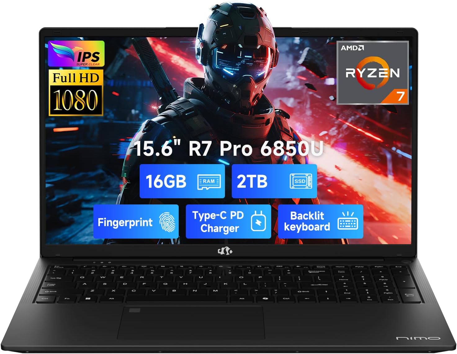 NIMO 15.6" Light-Gaming-Laptop, 8 Cores AMD Ryzen 7 Pro 6850U 16GB LPDDR5 RAM 2TB SSD (Beat i7-1360P Up to 4.7GHz) AMD Radeon 680M GPU IPS FHD Computer with 100W Type-C Backlit Keyboard Fingerprint