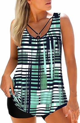 MODLILY Tummy Control Womens Tankini Swimsuits, Two Piece Metal Ring Bathing Suits, Tank Top with High Waisted Boyshorts