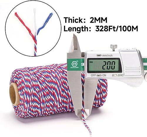 Miniatura 84 de Cuerda de algodón de 328 ft, cuerda de Navidad, cuerda resistente para manualidades y envolver regalos. Rojo Blanco